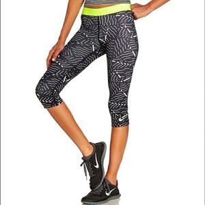 Nike Pro Classic Yellow Waistband Bash' Volt Dri-FIT Capri Leggings Size Large